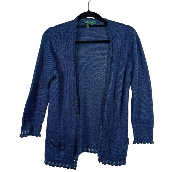 Lauren Ralph Lauren Navy Blue Open Cardigan Womens Sz Medium 100% Linen Crotchet - Picture 1 of 9